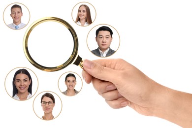 Image of Recruiter with magnifying glass and candidates' photos on white background, closeup. Human resources management