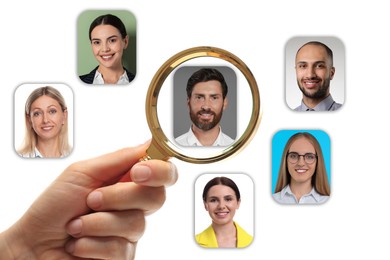 Image of Recruiter looking at candidate's photo through magnifying glass on white background, closeup. Human resources management