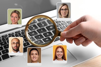 Image of Recruiter with magnifying glass and candidates' photos at table, closeup. Human resources management