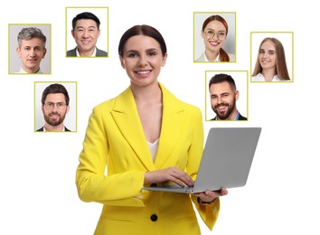 Image of Recruiter with laptop looking for employee against white background. Photos of candidates around her. Human resources management