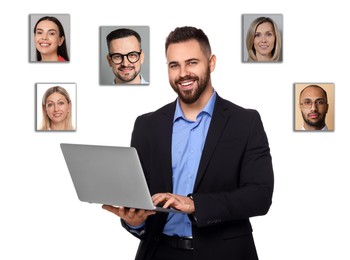 Image of Recruiter with laptop looking for employee against white background. Photos of candidates around him. Human resources management