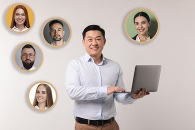 Image of Recruiter with laptop looking for employee against grey background. Photos of candidates around him. Human resources management