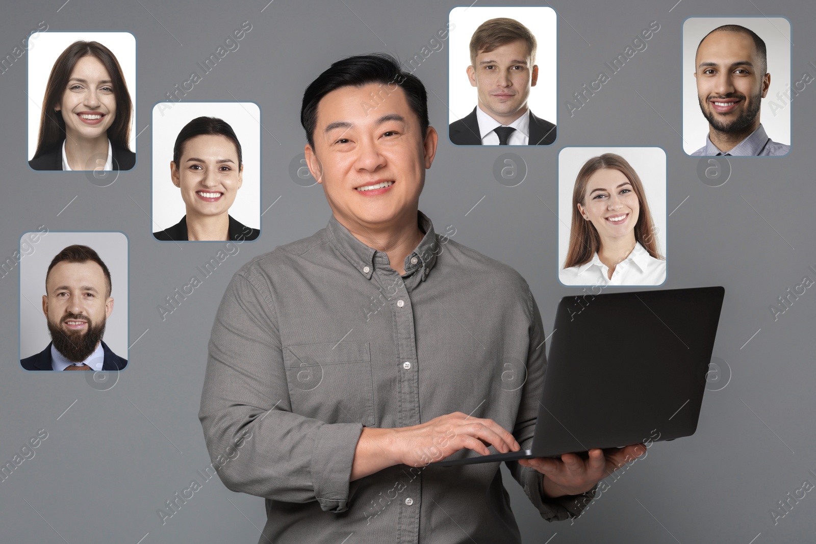 Image of Recruiter with laptop looking for employee against grey background. Photos of candidates around him. Human resources management
