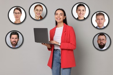 Image of Recruiter with laptop looking for employee against grey background. Photos of candidates around her. Human resources management