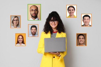 Image of Recruiter with laptop looking for employee against grey background. Photos of candidates around her. Human resources management