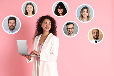 Image of Recruiter with laptop looking for employee against pink background. Photos of candidates around her. Human resources management