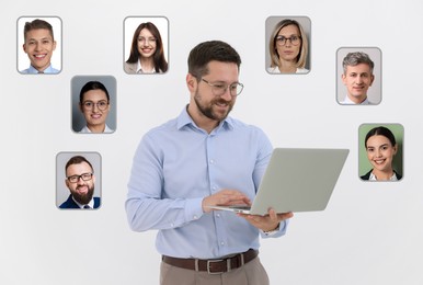 Image of Recruiter with laptop looking for employee against white background. Photos of candidates around him. Human resources management