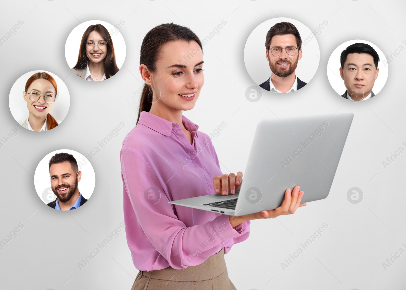 Image of Recruiter with laptop looking for employee against white background. Photos of candidates around her. Human resources management