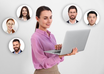 Image of Recruiter with laptop looking for employee against white background. Photos of candidates around her. Human resources management
