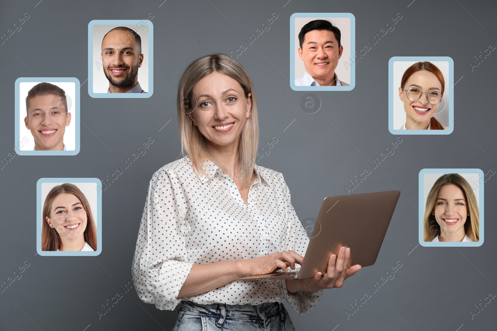 Recruiter with laptop looking for employee against grey background. Photos of candidates around her. Human resources management Image of Recruiter with laptop looking for employee against grey background. Photos of candidates around her. Human resources management
