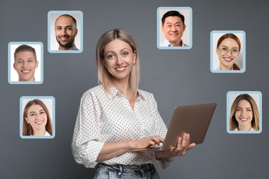 Image of Recruiter with laptop looking for employee against grey background. Photos of candidates around her. Human resources management
