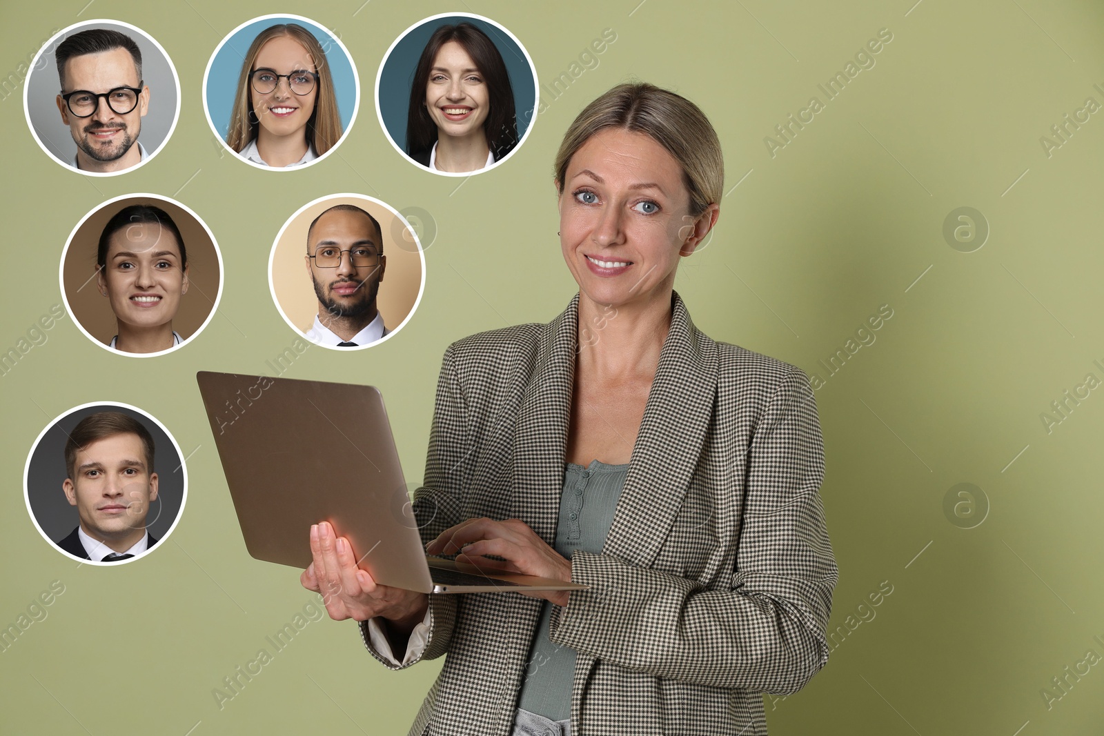 Image of Recruiter with laptop looking for employee against olive color background. Photos of candidates around her. Human resources management