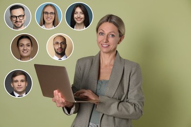 Image of Recruiter with laptop looking for employee against olive color background. Photos of candidates around her. Human resources management