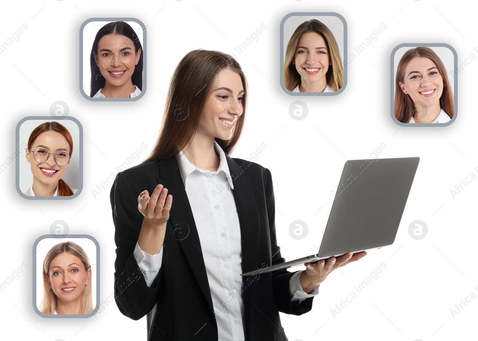 Image of Recruiter with laptop looking for employee against white background. Photos of candidates around her. Human resources management