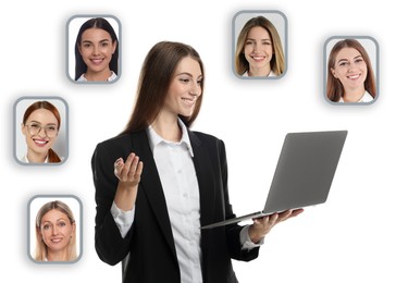 Image of Recruiter with laptop looking for employee against white background. Photos of candidates around her. Human resources management