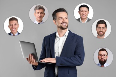 Image of Recruiter with laptop looking for employee against grey background. Photos of candidates around him. Human resources management