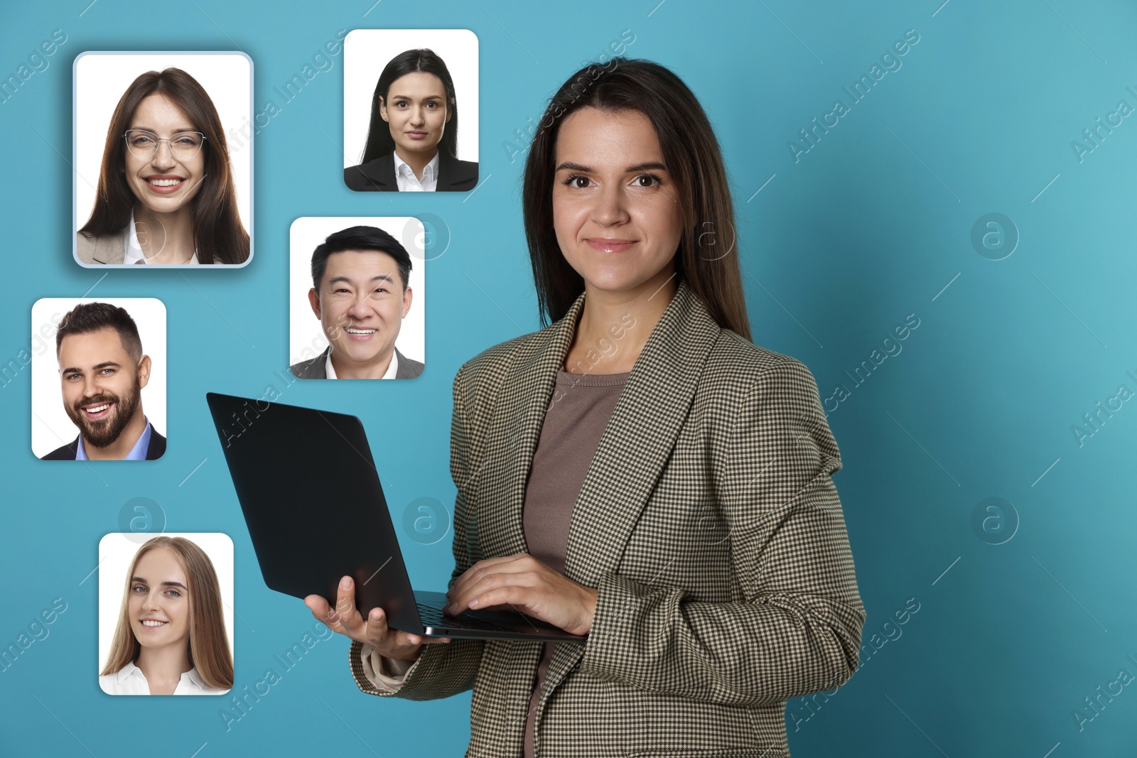 Recruiter with laptop looking for employee against light blue background. Photos of candidates around her. Human resources management Image of Recruiter with laptop looking for employee against light blue background. Photos of candidates around her. Human resources management
