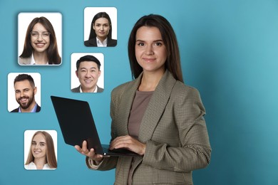 Image of Recruiter with laptop looking for employee against light blue background. Photos of candidates around her. Human resources management