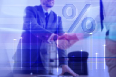 Illustration of Percent sign, graph and businesspeople shaking hands, double exposure