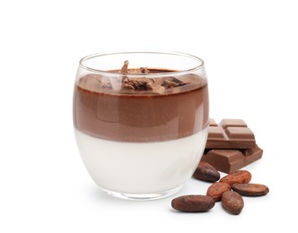 Photo of Delicious panna cotta with chocolate pieces and cocoa beans isolated on white