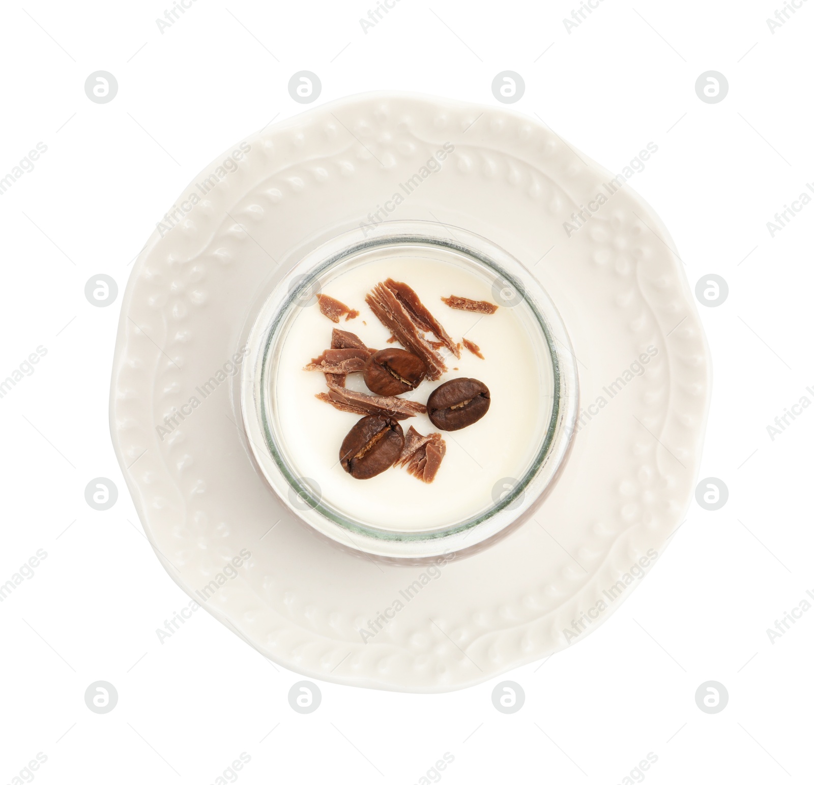 Delicious panna cotta with chocolate chunks and coffee beans in jar isolated on white, top view Photo of Delicious panna cotta with chocolate chunks and coffee beans in jar isolated on white, top view