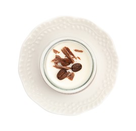 Photo of Delicious panna cotta with chocolate chunks and coffee beans in jar isolated on white, top view
