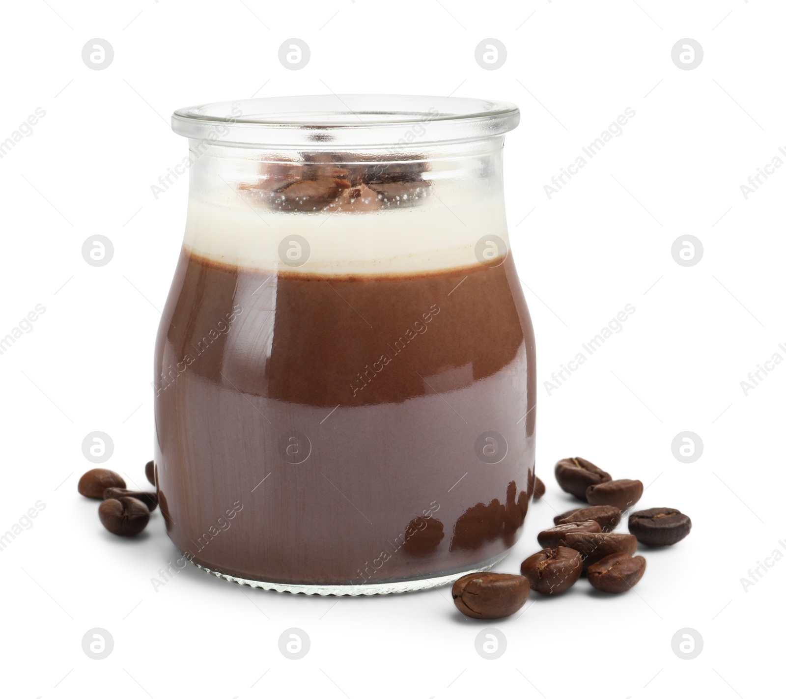 Photo of Delicious panna cotta in glass jar and coffee beans isolated on white