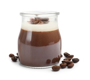 Photo of Delicious panna cotta in glass jar and coffee beans isolated on white
