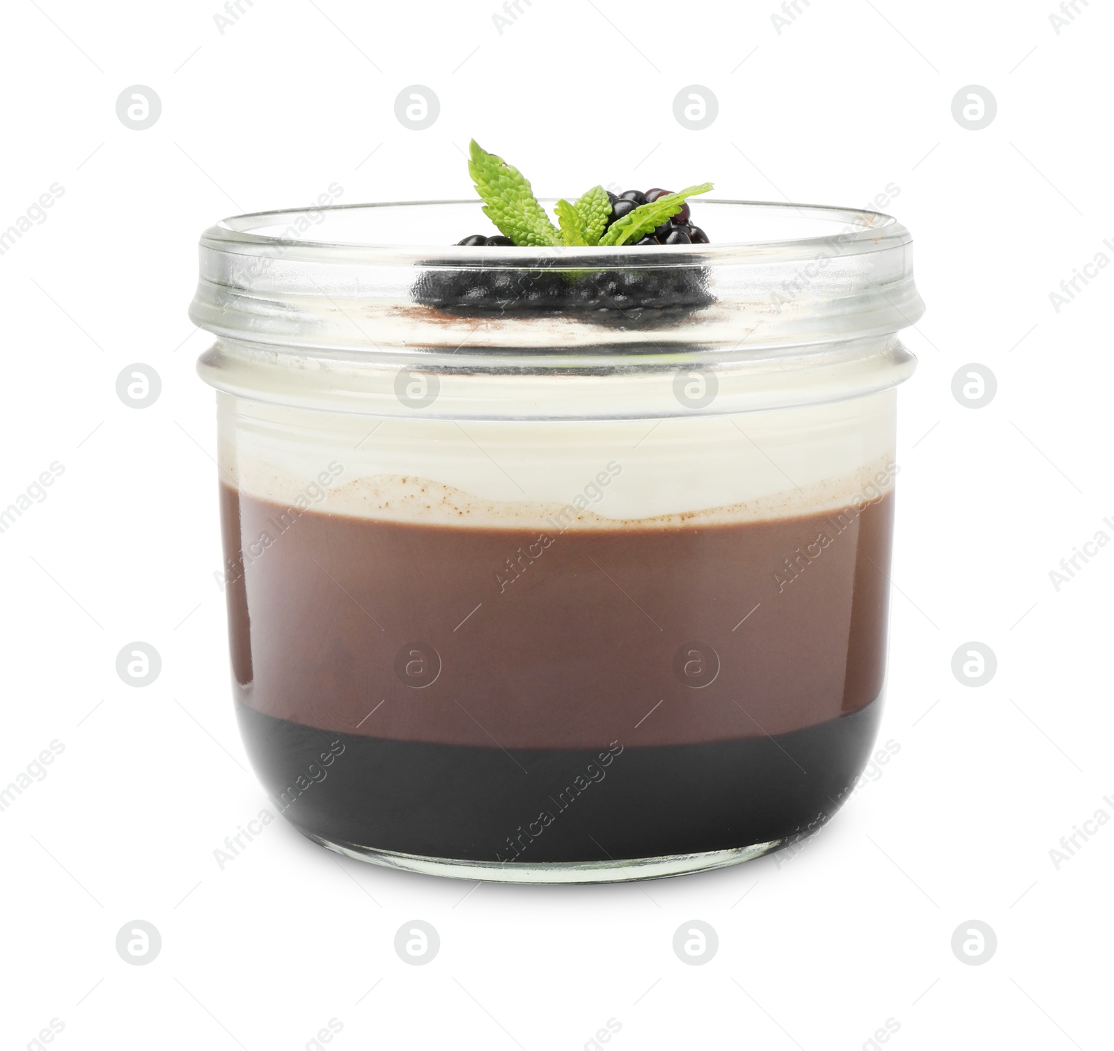 Tasty panna cotta with blackberries and mint in jar isolated on white Photo of Tasty panna cotta with blackberries and mint in jar isolated on white