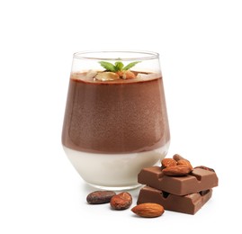 Photo of Delicious panna cotta with almonds, cocoa beans and chocolate pieces isolated on white
