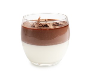 Photo of Delicious panna cotta with chocolate chunks in glass isolated on white