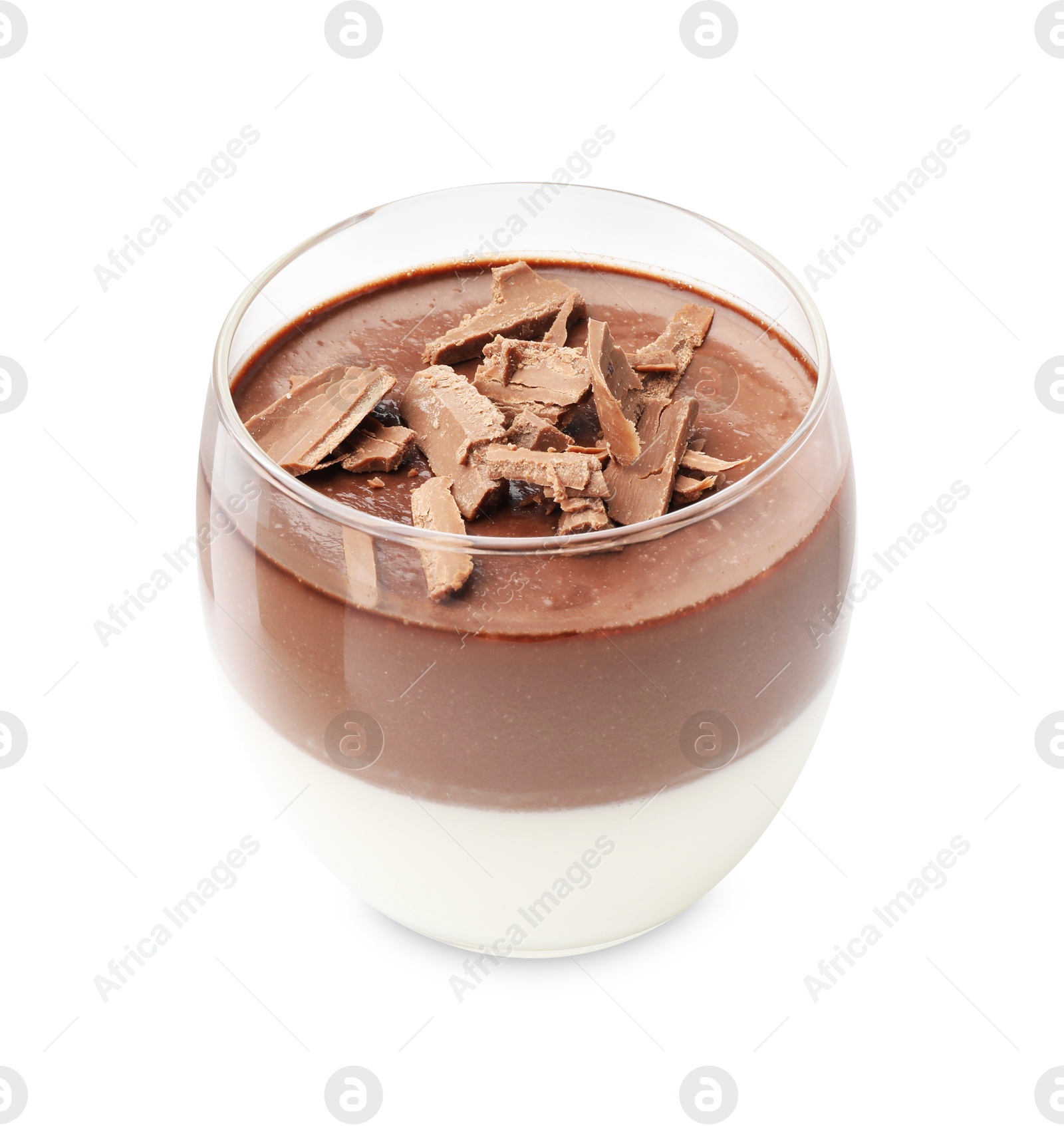 Photo of Delicious panna cotta with chocolate chunks in glass isolated on white