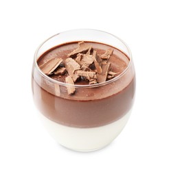 Photo of Delicious panna cotta with chocolate chunks in glass isolated on white