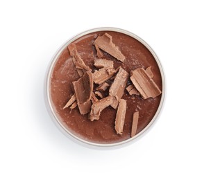 Photo of Delicious chocolate panna cotta in glass isolated on white, top view
