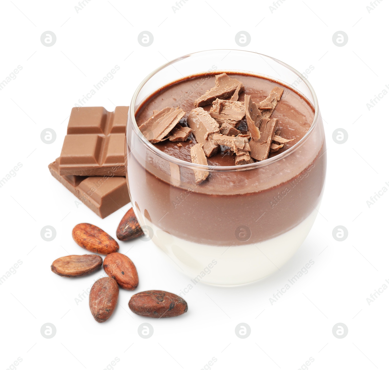 Photo of Delicious panna cotta with chocolate pieces and cocoa beans isolated on white