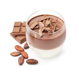 Photo of Delicious panna cotta with chocolate pieces and cocoa beans isolated on white