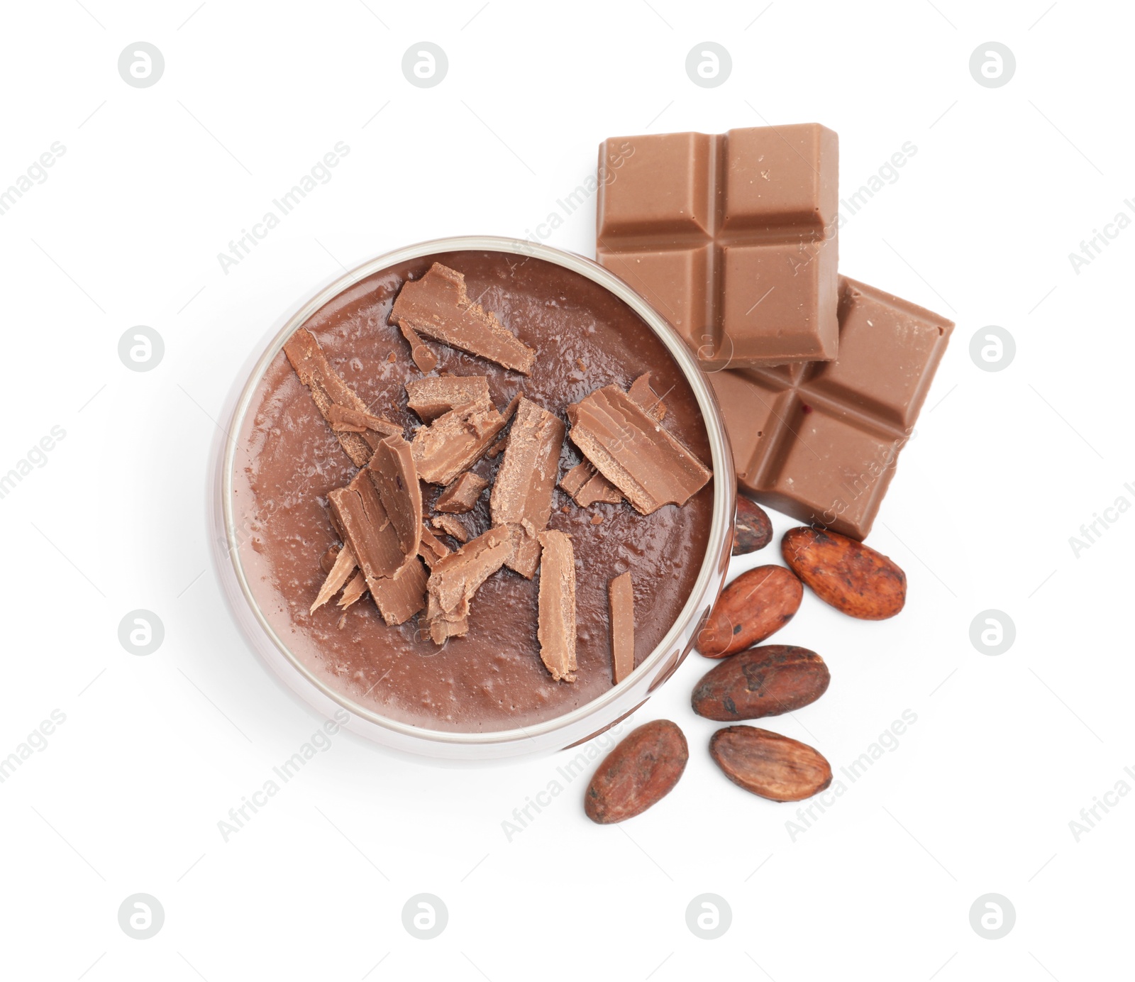 Delicious panna cotta with chocolate pieces and cocoa beans isolated on white, top view Photo of Delicious panna cotta with chocolate pieces and cocoa beans isolated on white, top view