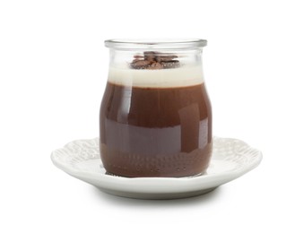 Photo of Delicious panna cotta with coffee beans in jar isolated on white