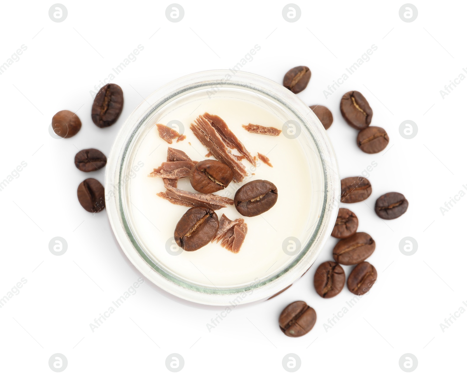 Photo of Delicious panna cotta with chocolate chunks and coffee beans isolated on white, top view