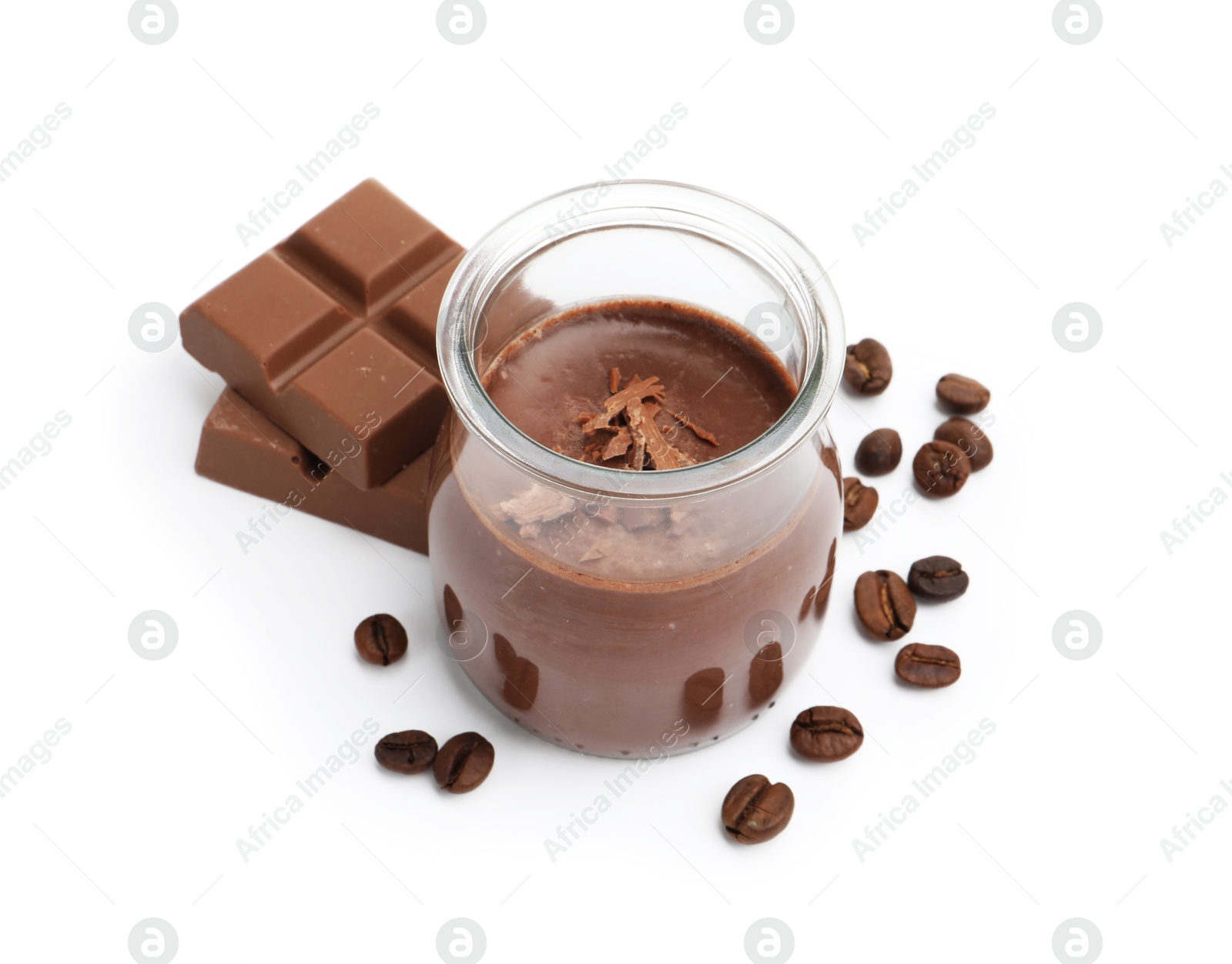 Delicious chocolate panna cotta in glass jar, coffee beans and chocolate pieces isolated on white Photo of Delicious chocolate panna cotta in glass jar, coffee beans and chocolate pieces isolated on white