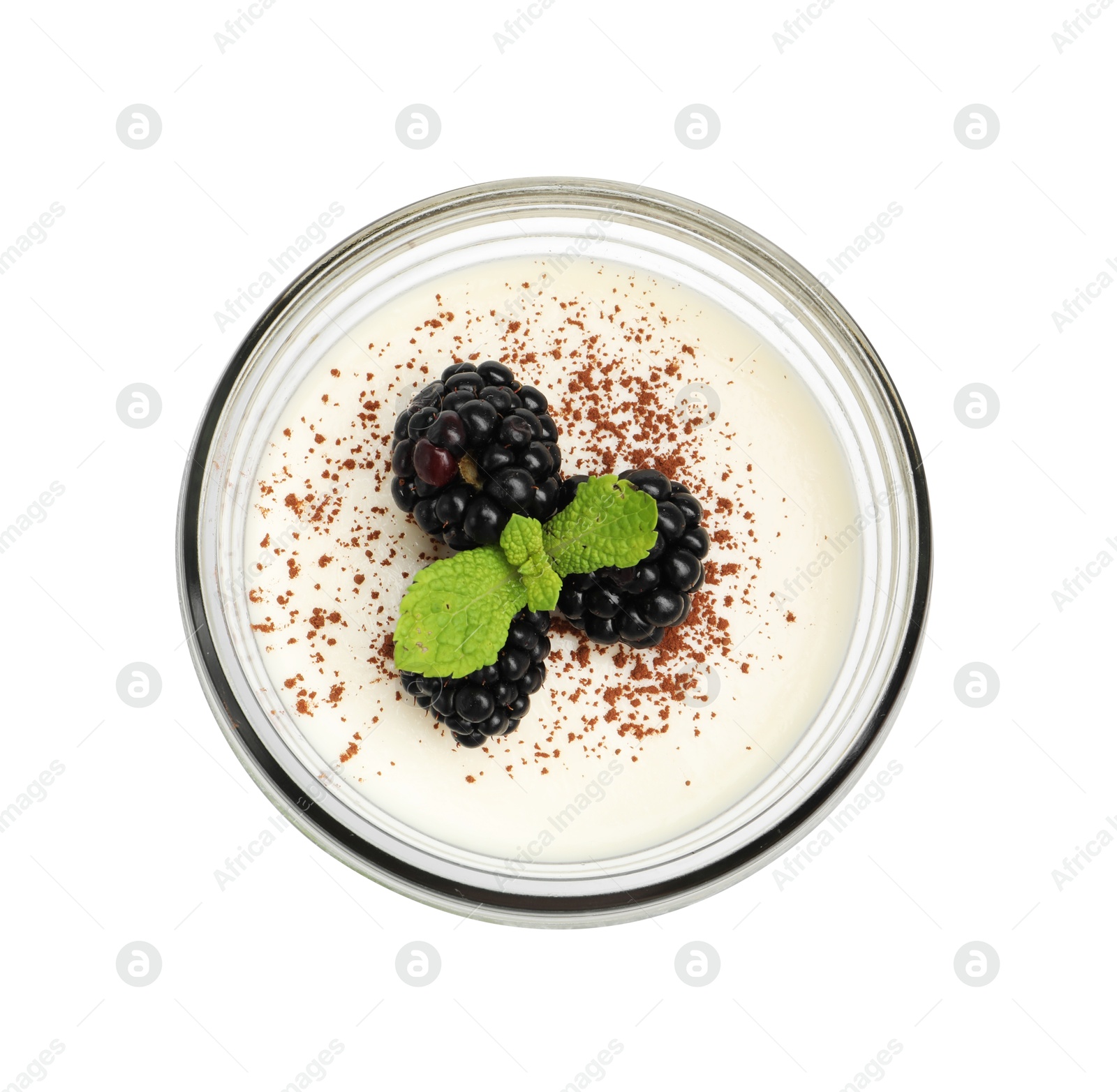 Tasty panna cotta with blackberries, mint and cocoa powder in jar isolated on white, top view Photo of Tasty panna cotta with blackberries, mint and cocoa powder in jar isolated on white, top view