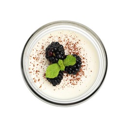 Photo of Tasty panna cotta with blackberries, mint and cocoa powder in jar isolated on white, top view