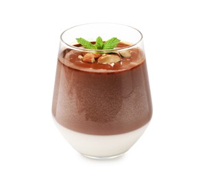 Photo of Delicious chocolate panna cotta with almonds and mint in glass isolated on white