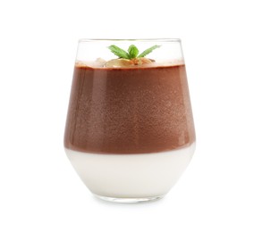 Photo of Delicious chocolate panna cotta with almonds and mint in glass isolated on white