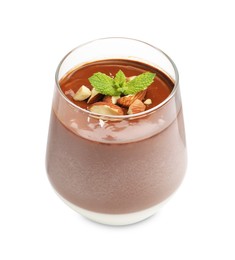 Photo of Delicious chocolate panna cotta with almonds and mint in glass isolated on white