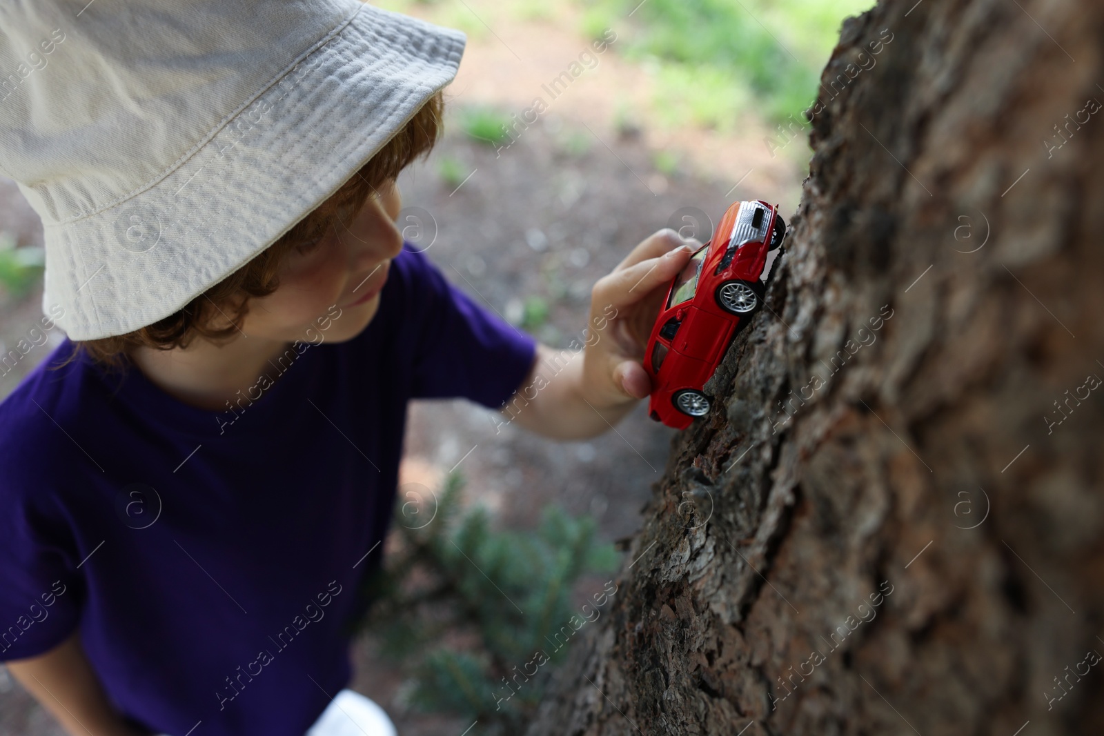 Little boy playing with toy car near tree outdoors Photo of Little boy playing with toy car near tree outdoors
