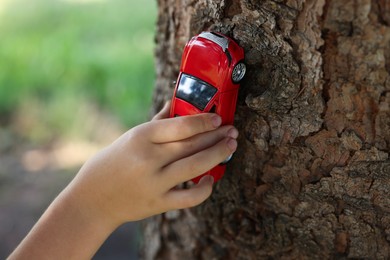 Photo of Little boy playing with toy car near tree outdoors, closeup