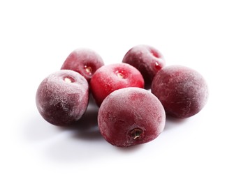 Photo of Pile of ripe frozen cherries isolated on white