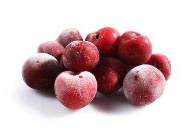 Photo of Pile of ripe frozen cherries isolated on white