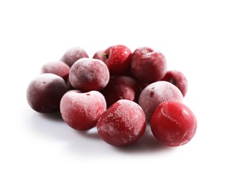 Photo of Pile of ripe frozen cherries isolated on white